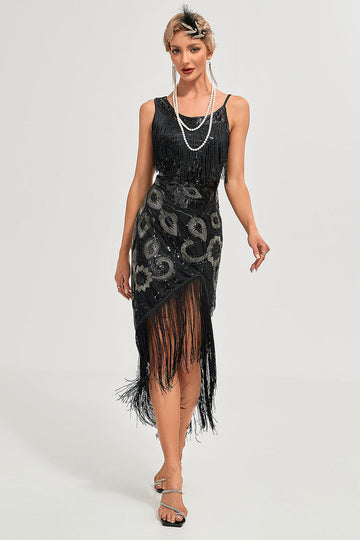 Svart Spaghetti Straps Gatsby Fringed Flapper Klänning